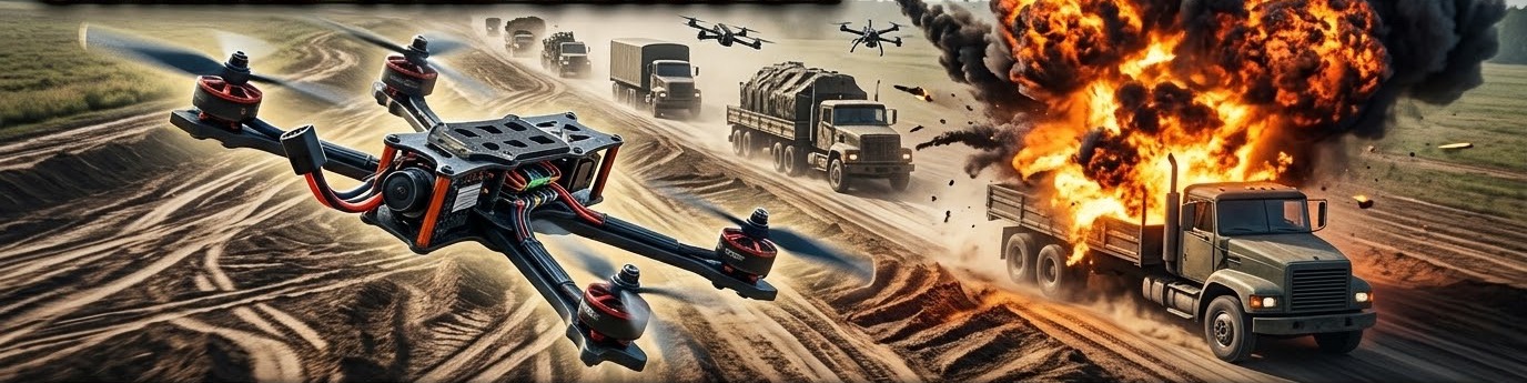 An FPV drone diving on an exploding military convoy