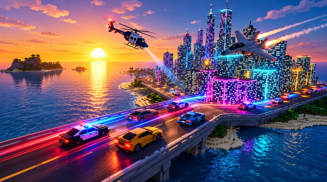 Police chase across a bridge into the neon city of Port Halcyon at sunset