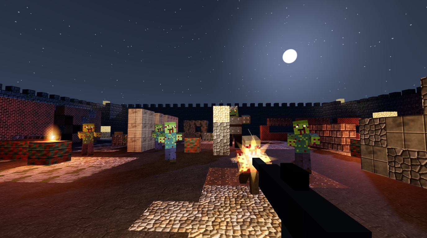 Blocky zombies shambling through a ruined walled city at night